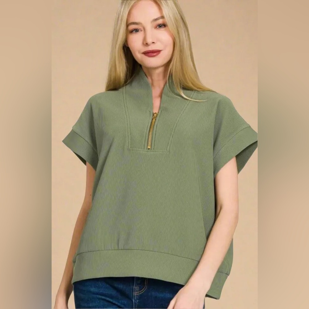NWOT!  Zenana Scuba High Neck Sage Green Cap Sleeve Quarter Zip Small Medium